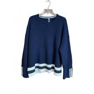 Lou & Grey textured navy cricket sweater with white, hunter green stripes XXL